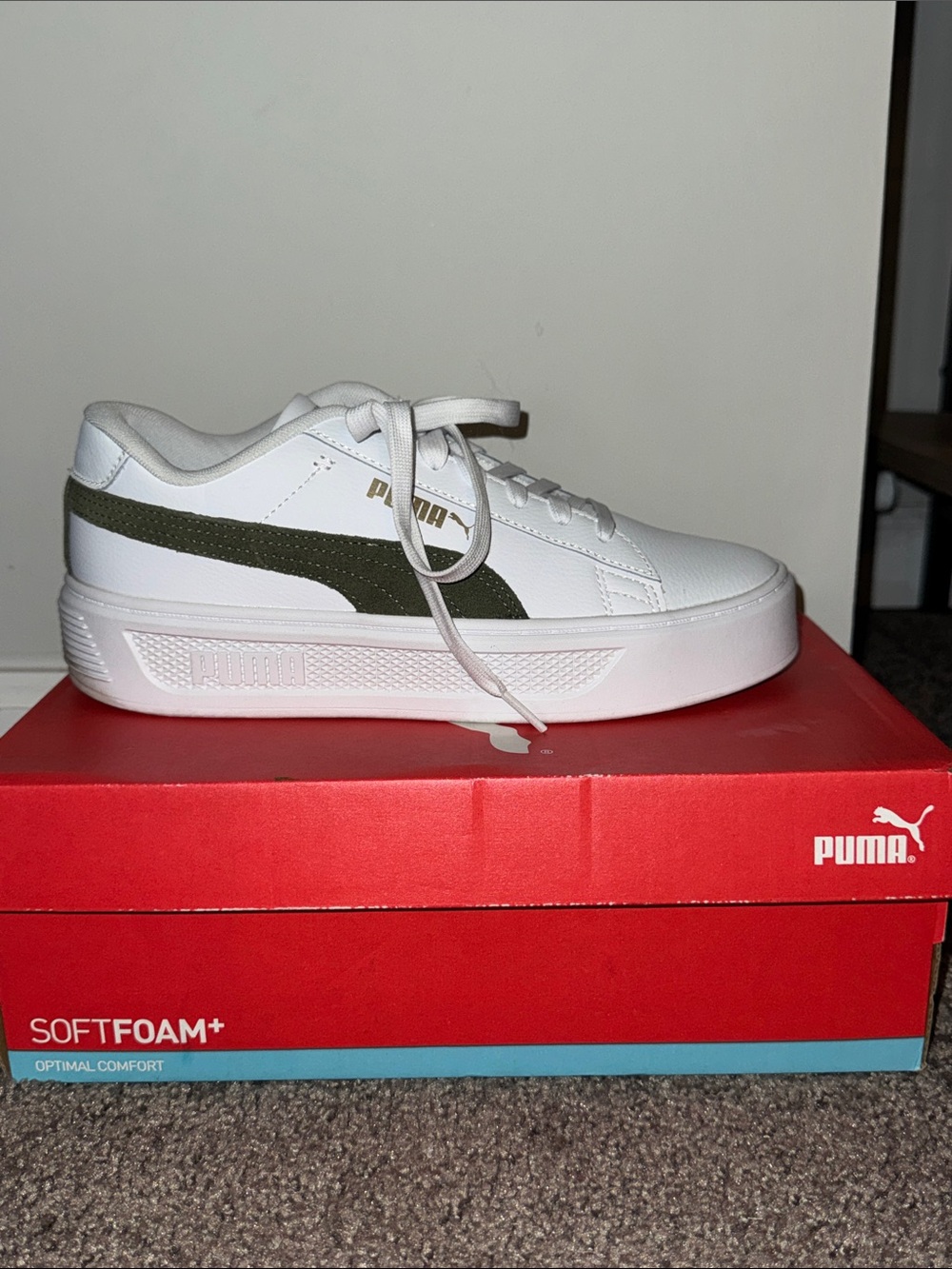 Puma Platform V3 Mono Twist White Low-Top Sneakers with Olive Accent